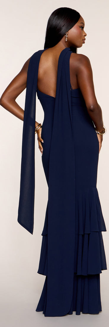 navy blue dress with scarf Aspen Chiffon Formal Dress With Scarf