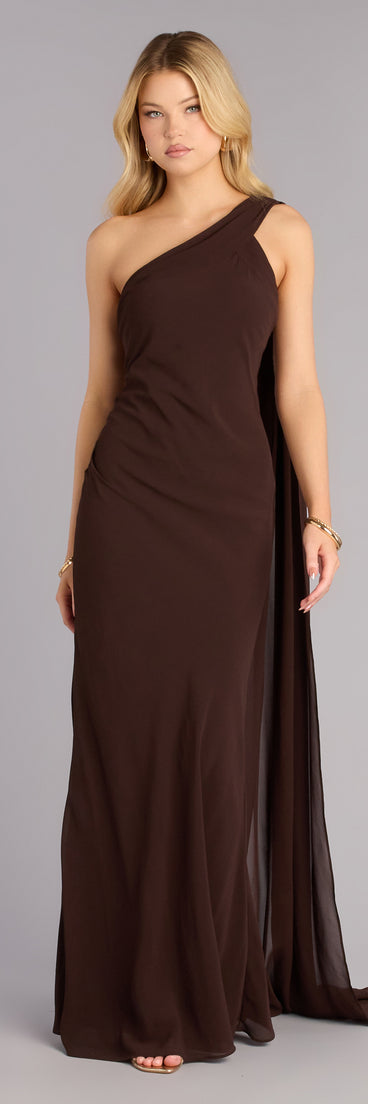 Shop a formal dress like the Marcelle Chiffon Formal Dress With Scarf in brown, designed with a sleek silhouette, luxe fabric, and elegant detail for special events.