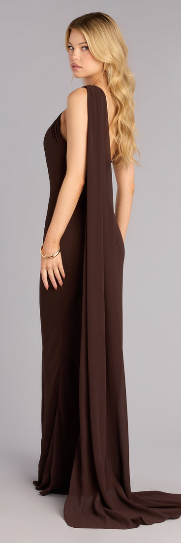 Discover a formal dress like the Marcelle Chiffon Formal Dress With Scarf in brown featuring a flattering fit, smooth fabric, and refined design for any formal occasion.