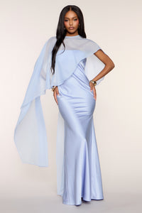 blue dress with shawl Felicity Satin Sheer in Light | Size: M | Chiffon/Sheer Mesh Fabric/Satin Fabric pashmina wool is light Colour:FLOATY BLUE Studio Shoot brown blazer outfit