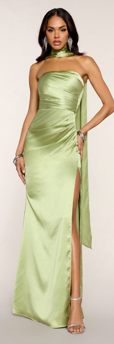 Jordan Satin Formal Dress With Scarf in Sage | Size: S | Satin Fabric | Windsor Jordan Satin Formal Dress With Scarf in Sage | Size: S | Satin Fabric | Windsor