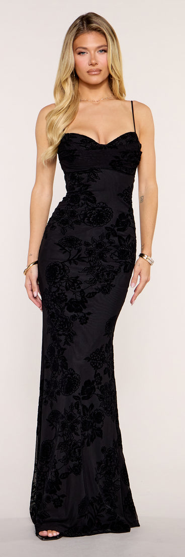 Calithea Flocked Floral Mesh Mermaid Formal Dress
