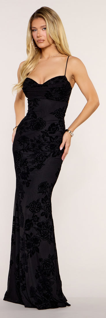 Calithea Flocked Floral Mesh Mermaid Formal Dress