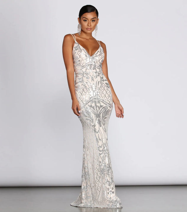 Ginger Sequin Mesh Strappy Gown