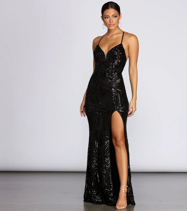 Deirdre Sequin Mesh Slit Gown