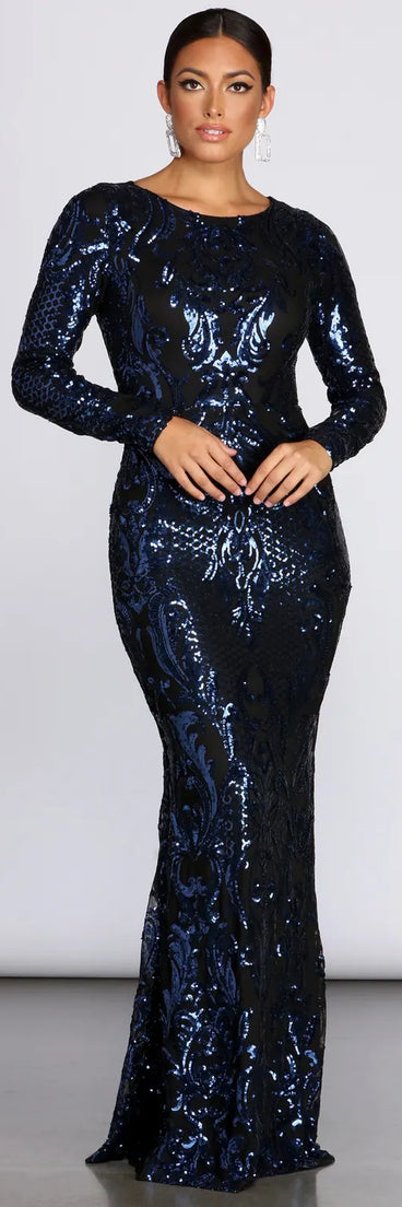 Teddi Sequin Long-Sleeve Gown