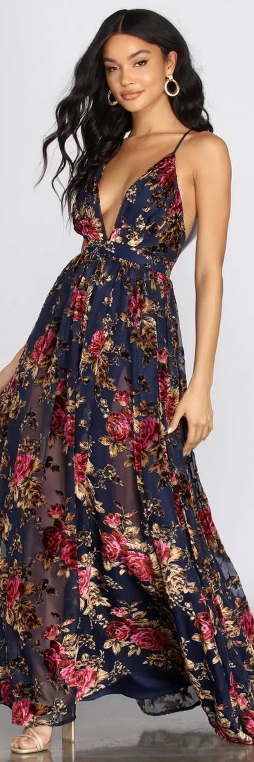 Justina Floral Velvet Burnout Chiffon Dress