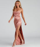 Make a bold statement in the Lola High Slit Satin Dress in rose, the perfect spring dress for weddings, cocktail hours, nights out, and/or seasonal celebrations.