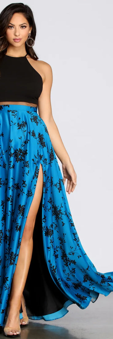 Alexina Crepe High Neck Floral Satin Dress