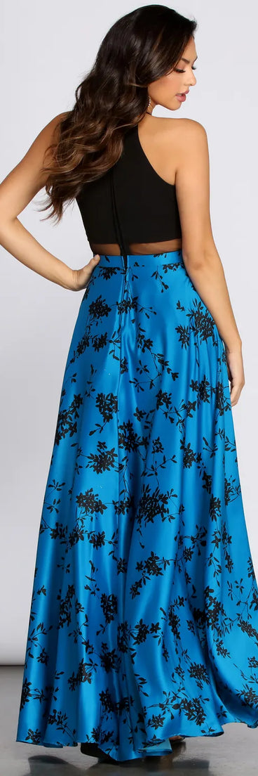 Alexina Crepe High Neck Floral Satin Dress