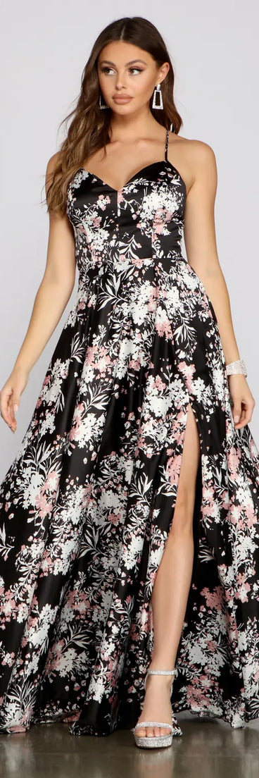 Eleanor Formal High Slit Floral Satin Dress