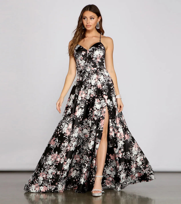 Eleanor Formal High Slit Floral Satin Dress