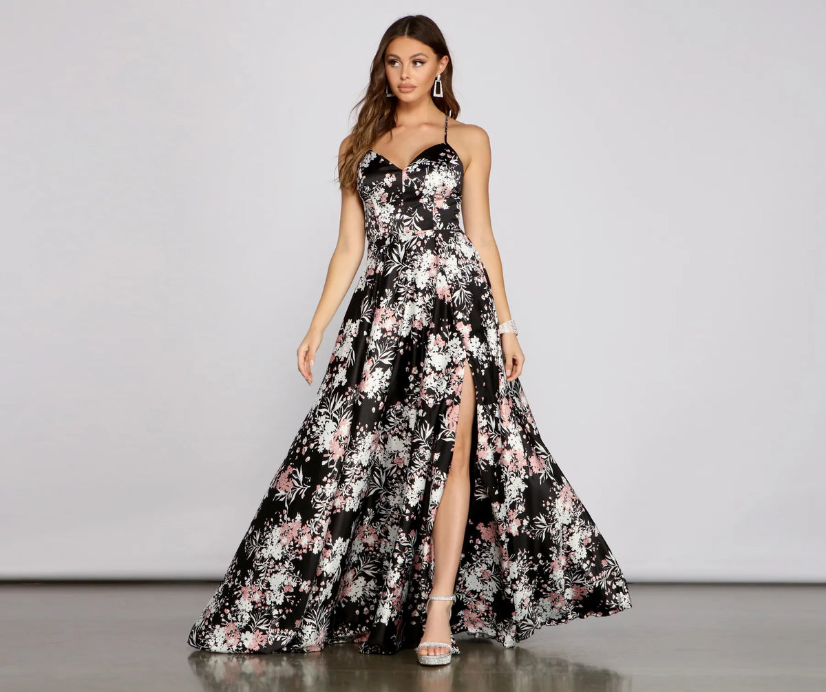 Helen Floral Satin Lace-Up Formal Dress