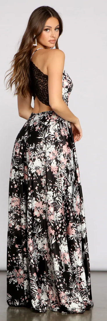 Eleanor Formal High Slit Floral Satin Dress