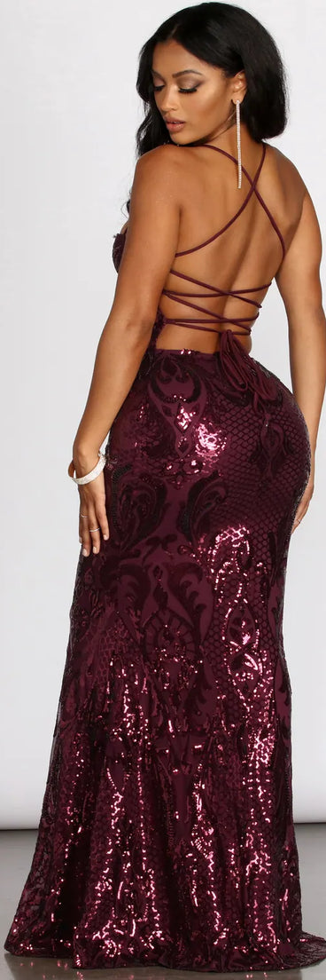 Taralynn Sequin Lace Up Evening Gown