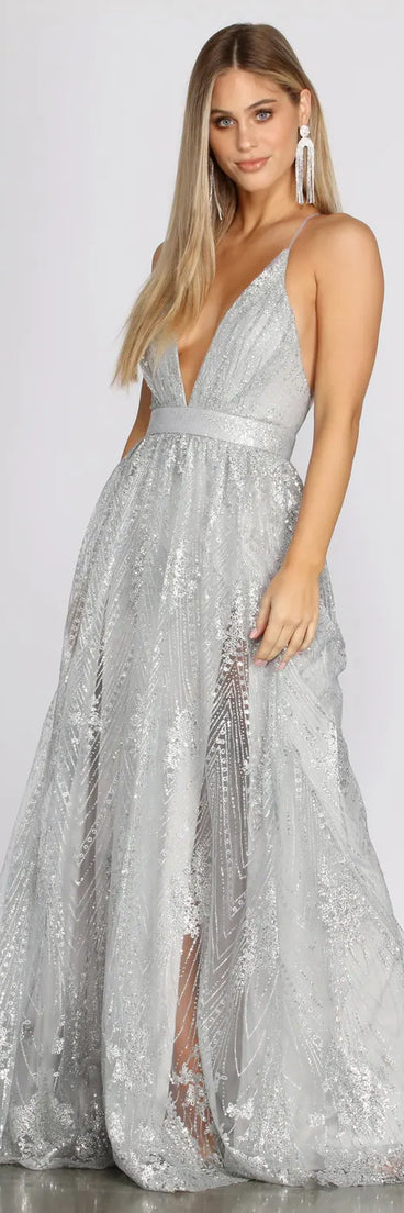 Janica Plunging Glitter A-Line Dress