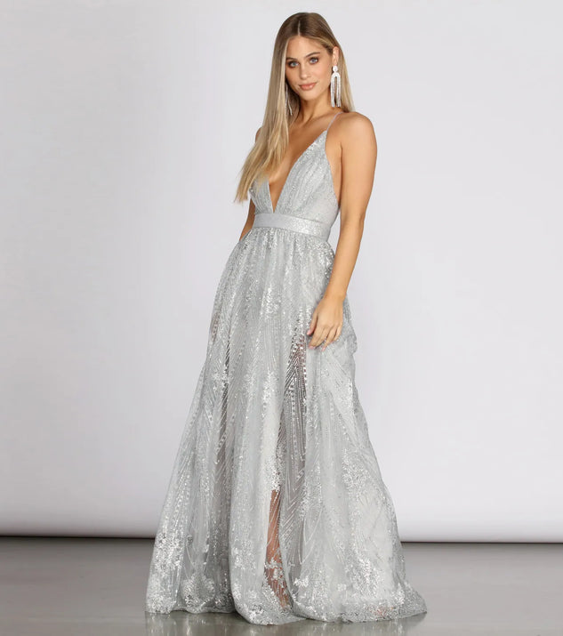 Janica Plunging Glitter A-Line Dress