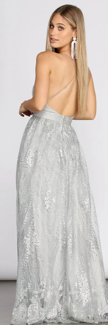 Janica Plunging Glitter A-Line Dress