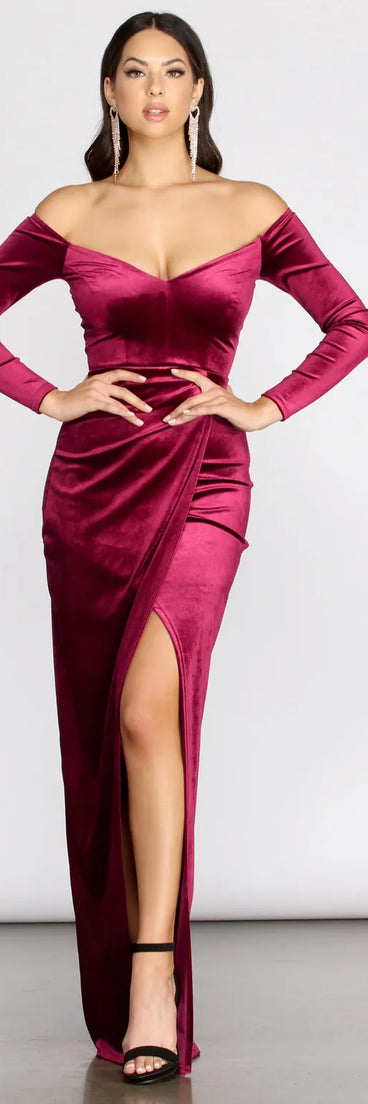 Celeste Off The Shoulder Wrap Front Velvet Dress