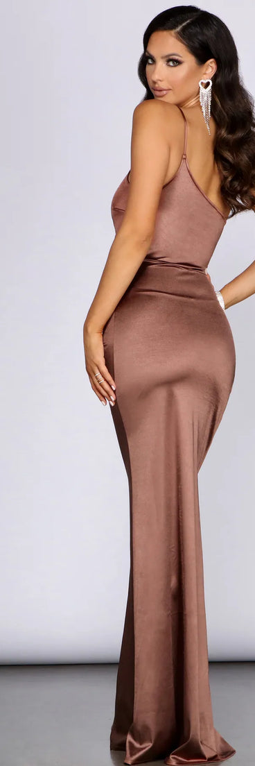 Celebrate in style with the Roseanne One-Shoulder Satin Dress, a brown formal wedding guest dress featuring an elegant silhouette and luxe details, perfect for a black-tie celebration.