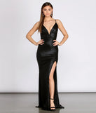 Cyra Metallic Deep V High Slit Dress