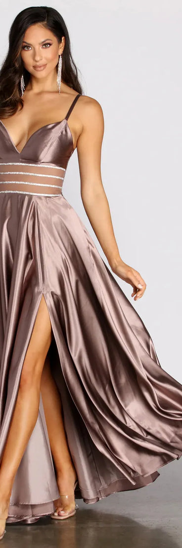 Delaney Satin Triple Rhinestone Trim A-Line Dress