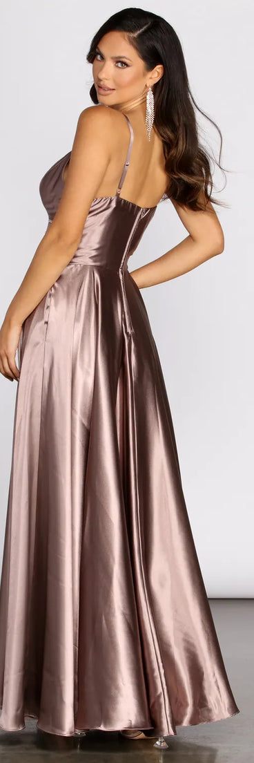 Delaney Satin Triple Rhinestone Trim A-Line Dress