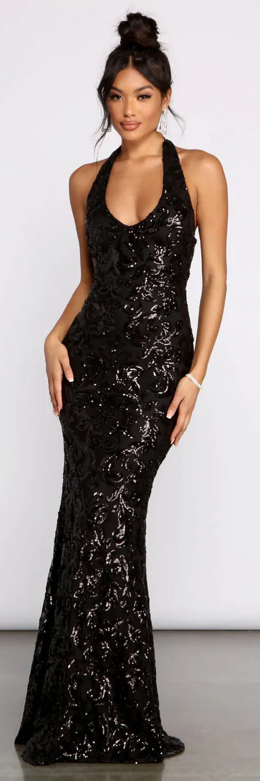 Haven Formal Sequin Scroll Halter Dress