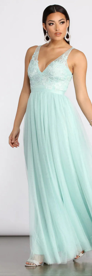 Jamie Lace Floral Applique Mesh A-Line Dress