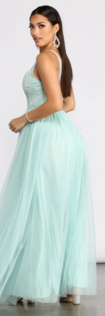 Jamie Lace Floral Applique Mesh A-Line Dress