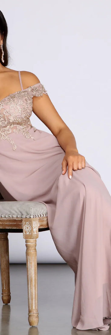 Shea Metallic Applique Off Shoulder Chiffon Dress