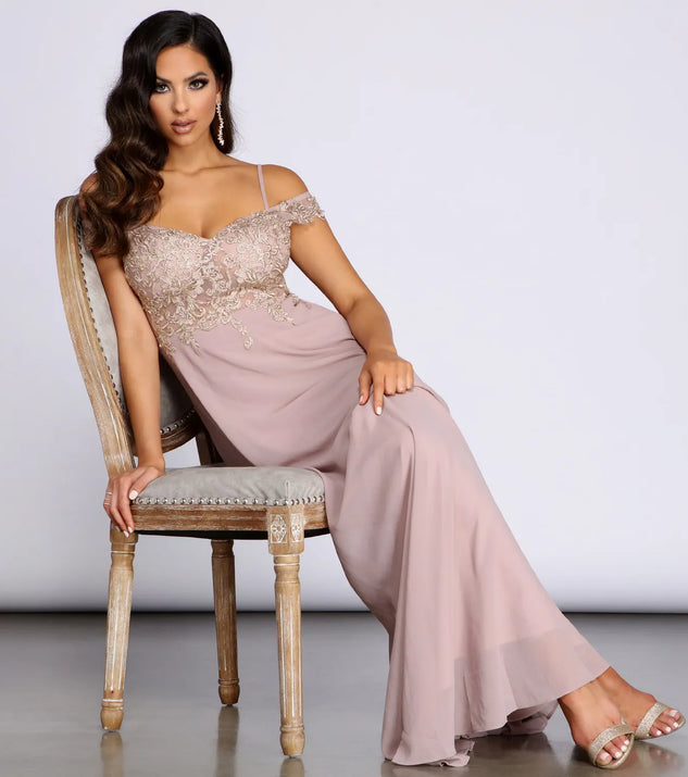 Shea Metallic Applique Off Shoulder Chiffon Dress