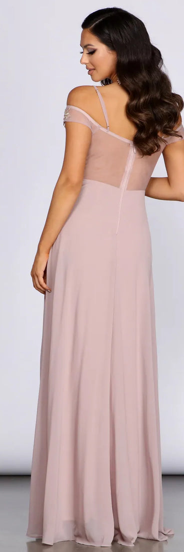 Shea Metallic Applique Off Shoulder Chiffon Dress