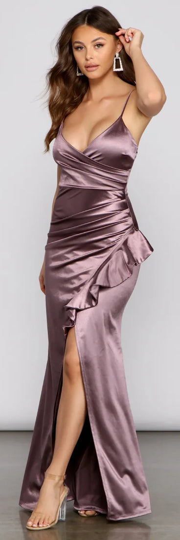 Amelia Formal Ruched Ruffle Satin Dress