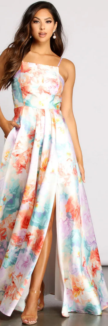 Cami Formal Floral Satin A-Line Dress