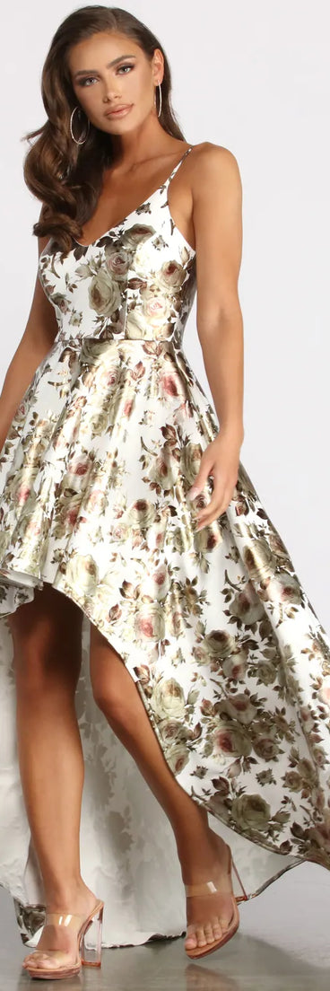 Amabella Floral Foiled High Low Dress