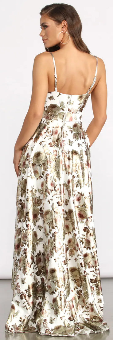 Amabella Floral Foiled High Low Dress