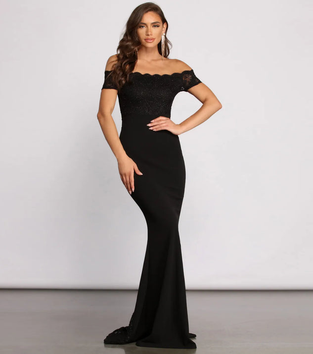 Sierra Formal Off the Shoulder Glitter and Lace Dress