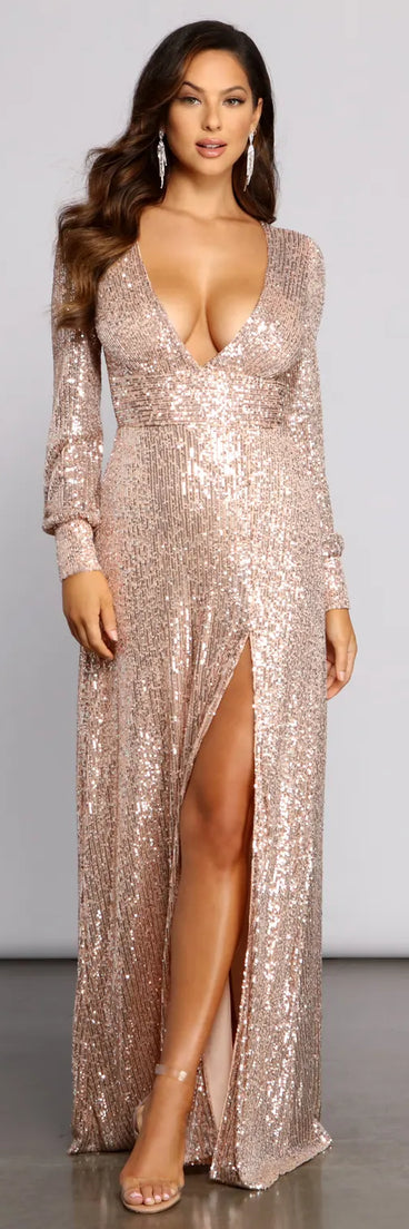 Selena Sequin Deep V Neck A-Line Dress