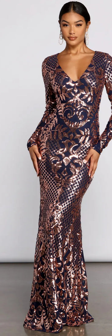 Ayla Formal Long Sleeve Sequin Scroll Dress