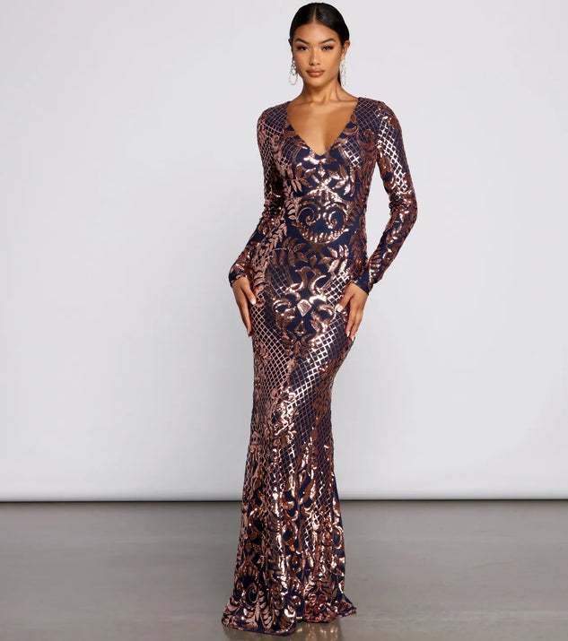 Ayla Formal Long Sleeve Sequin Scroll Dress