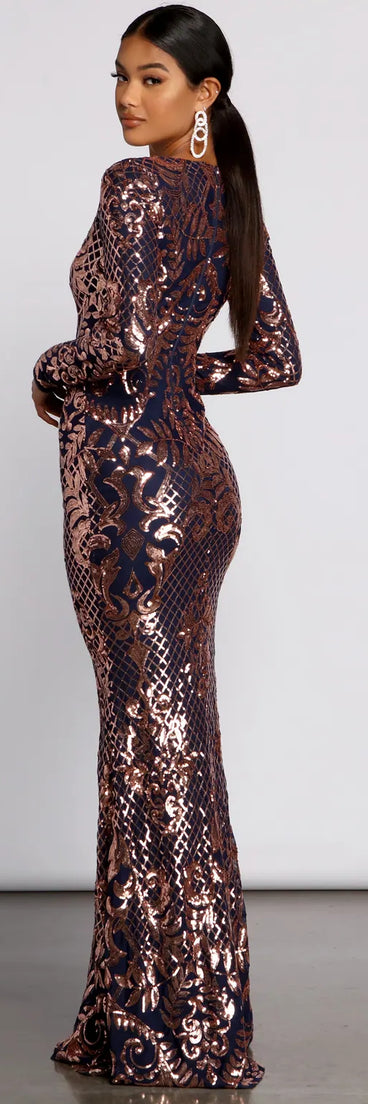Ayla Formal Long Sleeve Sequin Scroll Dress