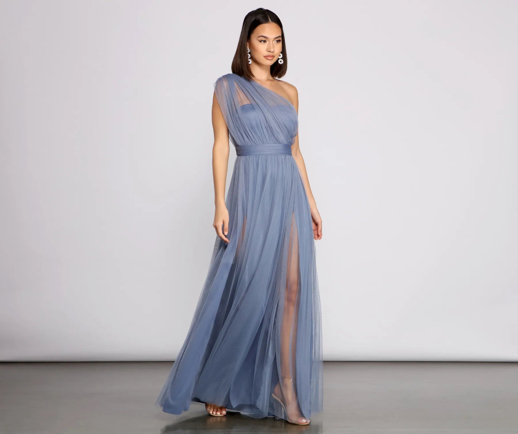ワンピース DRESS IN DUCHESSE AND TULLE V Neck Short Sleeve A-line/Princess Asymmetrical Tulle
