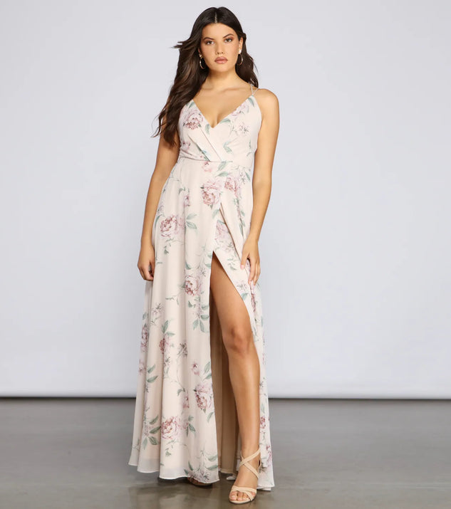 Corinna Formal Floral Chiffon Wrap Dress