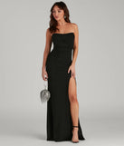 Turn heads at Prom 2025 in this black prom dress, where statement-making details meet the iconic style of the Kaia Strapless High Slit Formal Dress .