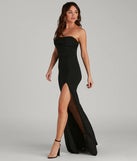 Step into Prom 2025 in a black prom dress, where unique Windsor accents and the standout Kaia Strapless High Slit Formal Dress style come together.