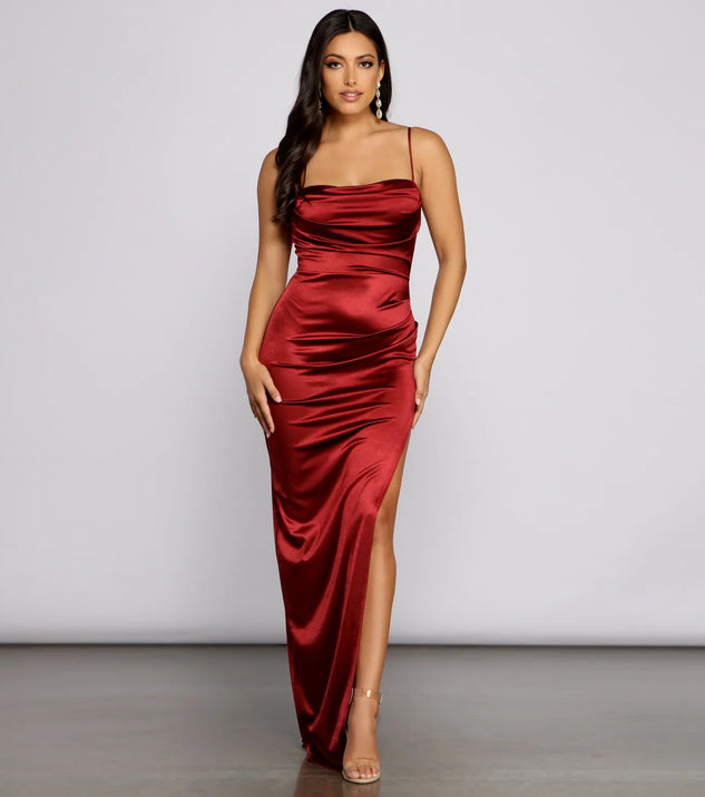 Gemma Formal High Slit Satin Dress | Windsor