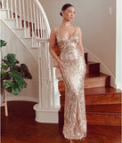 Make a bold statement in the Liana Formal Sequin Scroll Mermaid Dress in rose, the perfect summer dress for weddings, cocktail hours, nights out, and/or seasonal celebrations.