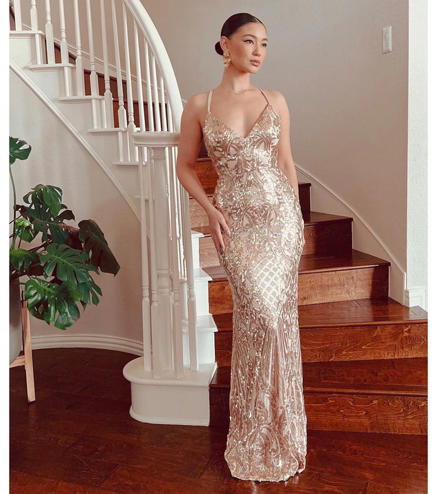 Make a bold statement in the Liana Formal Sequin Scroll Mermaid Dress in rose, the perfect summer dress for weddings, cocktail hours, nights out, and/or seasonal celebrations.