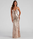 Turn heads at Prom 2025 in this rose gold prom dress, where statement-making details meet the iconic style of the Liana Formal Sequin Scroll Mermaid Dress .